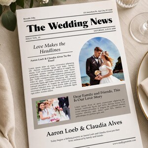 May include: A wedding newspaper template titled The Wedding News with the date Saturday, 12 July 2030. It features a large photo of a couple, a smaller photo of a wedding party, placeholder text, and the names Aaron Loeb and Claudia Alves.