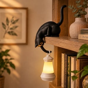 May include: A black cat figurine perched on the edge of a wooden shelf, featuring a long tail that curves downward to hold a small, white, battery-operated lantern that emits a soft, warm, glowing light from its centre, illuminating the space below.