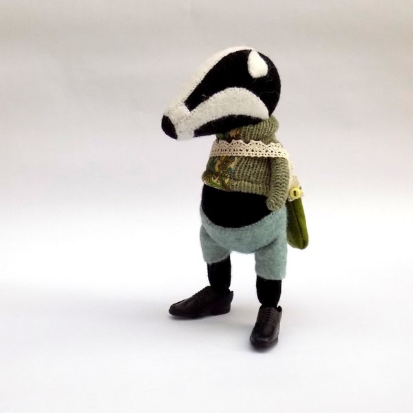 Woollen Badger  -  Handmade woolly plush badger wearing woollen pullover and felt pants.