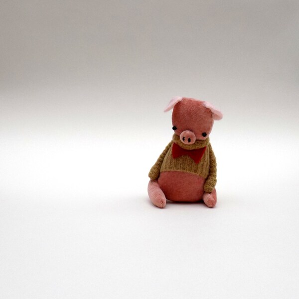 Pink Velour Pig  -  Handmade plush pig wearing oatmeal woollen pullover .