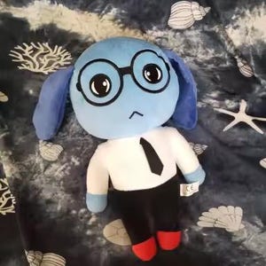 Blue Plush Toy with Glasses, Cute Stuffed Animal, Soft Character Plushie, Nerdy Gift, Unique Collectible Toy for Plush Lovers