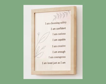Botaniczny wydruk „I Am Affirmations” | Dekoracja Wellness l Grafika ścienna do gabinetu terapeutycznego (pobranie cyfrowe)