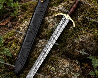 May include: A sword with a patterned Damascus steel blade, a dark brown wooden handle, and a gold-coloured metal crossguard and pommel. It is accompanied by a black leather scabbard featuring embossed diagonal line details and a metal stud.