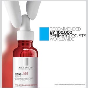 May include: A red glass bottle of La Roche-Posay Retinol B3 serum with a white dropper cap. The label reads Retinol B3 Serum, Anti-Wrinkle Concentrate, Renewing Resurfacing. Text states Recommended by 100,000 Dermatologists Worldwide and 2024 survey.