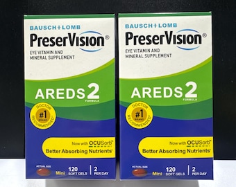 2x Bausch + Lomb PreserVision AREDS 2 Fórmula Grande 120 Mini Cápsulas Blandas = Suministro para 60 días. Marca n.° 1 recomendada por médicos. Caduca en noviembre de 2027.