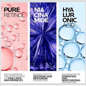 May include: A three-panel graphic featuring Pure Retinol on a pink background with bubbles, Niacinamide on a deep purple radial texture, and Hyaluronic Acid on a light blue background with water droplets, each with descriptive text below.