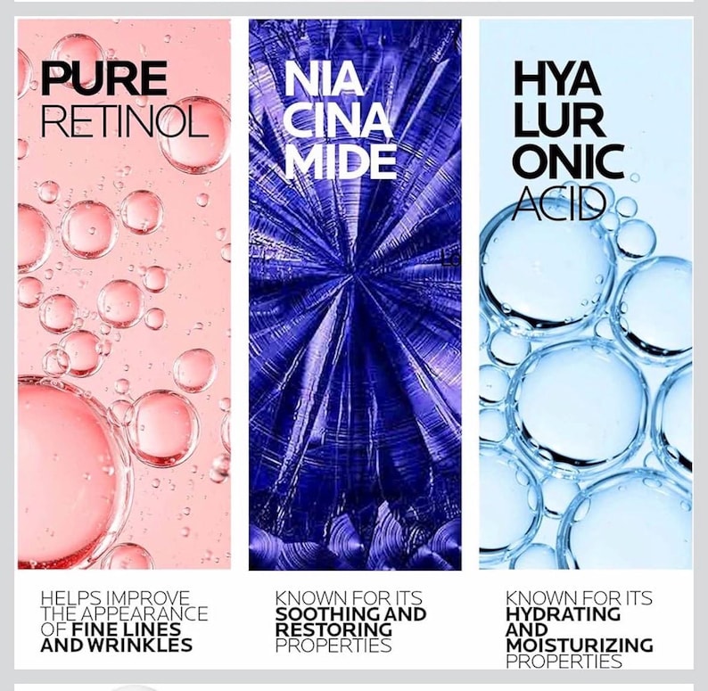 May include: A three-panel graphic featuring Pure Retinol on a pink background with bubbles, Niacinamide on a deep purple radial texture, and Hyaluronic Acid on a light blue background with water droplets, each with descriptive text below.