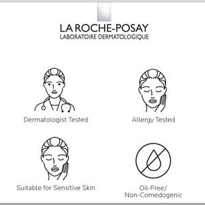 May include: A white informational graphic for La Roche-Posay Laboratoire Dermatologique featuring four black line-art icons. The icons depict a doctor with a stethoscope, a face being touched, a face being touched, and a water drop with a slash through it.