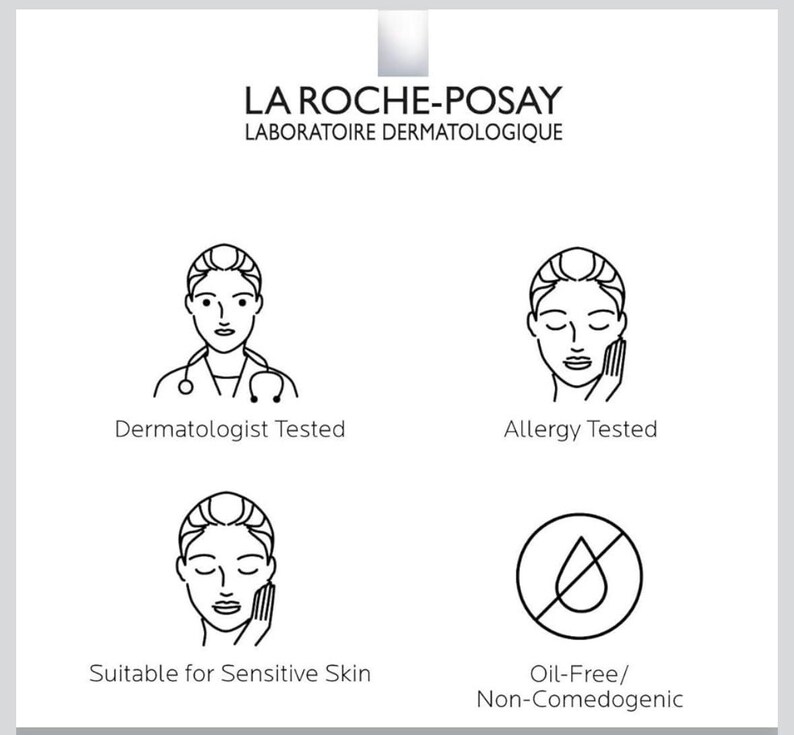 May include: A white informational graphic for La Roche-Posay Laboratoire Dermatologique featuring four black line-art icons. The icons depict a doctor with a stethoscope, a face being touched, a face being touched, and a water drop with a slash through it.