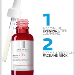 May include: A red glass bottle of La Roche-Posay Retinol B3 serum with a white dropper. Text reads: 1 APPLY IN THE EVENING AFTER CLEANSING, 2 APPLY 3-4 DROPS ON FACE AND NECK. The label specifies Anti-Wrinkle Concentrate, Renewing Resurfacing, Pure + Gradual Release Retinol, Vitamin B3, and Thermal Spring Water.