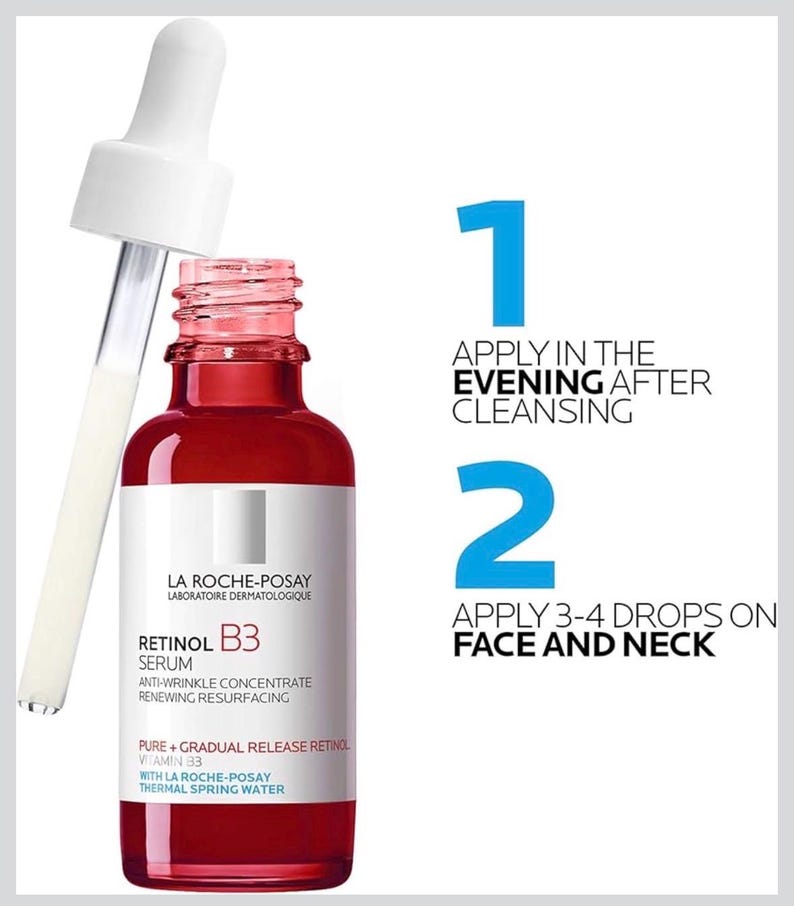 May include: A red glass bottle of La Roche-Posay Retinol B3 serum with a white dropper. Text reads: 1 APPLY IN THE EVENING AFTER CLEANSING, 2 APPLY 3-4 DROPS ON FACE AND NECK. The label specifies Anti-Wrinkle Concentrate, Renewing Resurfacing, Pure + Gradual Release Retinol, Vitamin B3, and Thermal Spring Water.