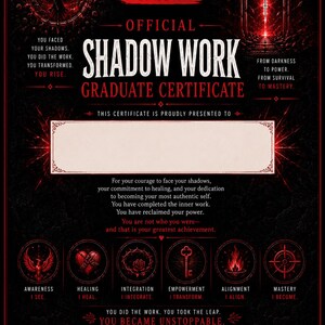 K&ouml;nnte beinhalten: Ein schwarz-rotes Zertifikat mit dem Titel Official Shadow Work Graduate Certificate. Es enth&auml;lt ein leeres wei&szlig;es rechteckiges Feld f&uuml;r einen Namen, umgeben von sechs kreisf&ouml;rmigen Symbolen mit den Bezeichnungen Awareness, Healing, Integration, Empowerment, Alignment und Mastery.