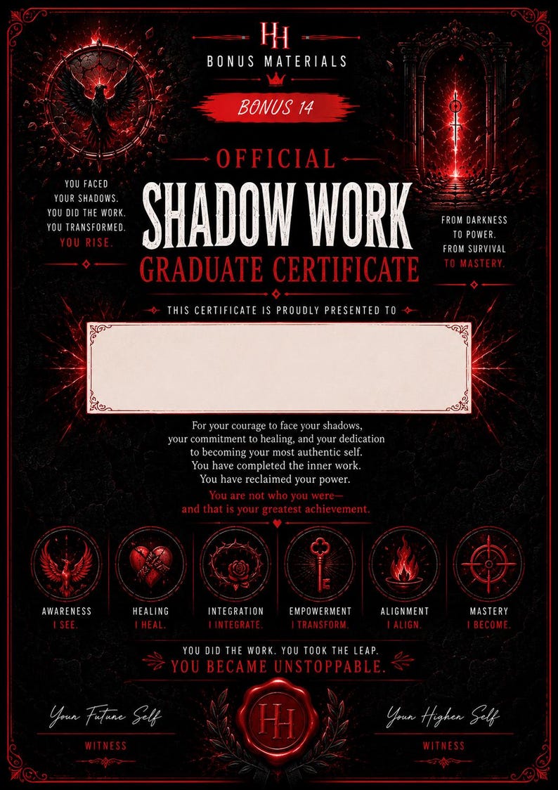 K&ouml;nnte beinhalten: Ein schwarz-rotes Zertifikat mit dem Titel Official Shadow Work Graduate Certificate. Es enth&auml;lt ein leeres wei&szlig;es rechteckiges Feld f&uuml;r einen Namen, umgeben von sechs kreisf&ouml;rmigen Symbolen mit den Bezeichnungen Awareness, Healing, Integration, Empowerment, Alignment und Mastery.