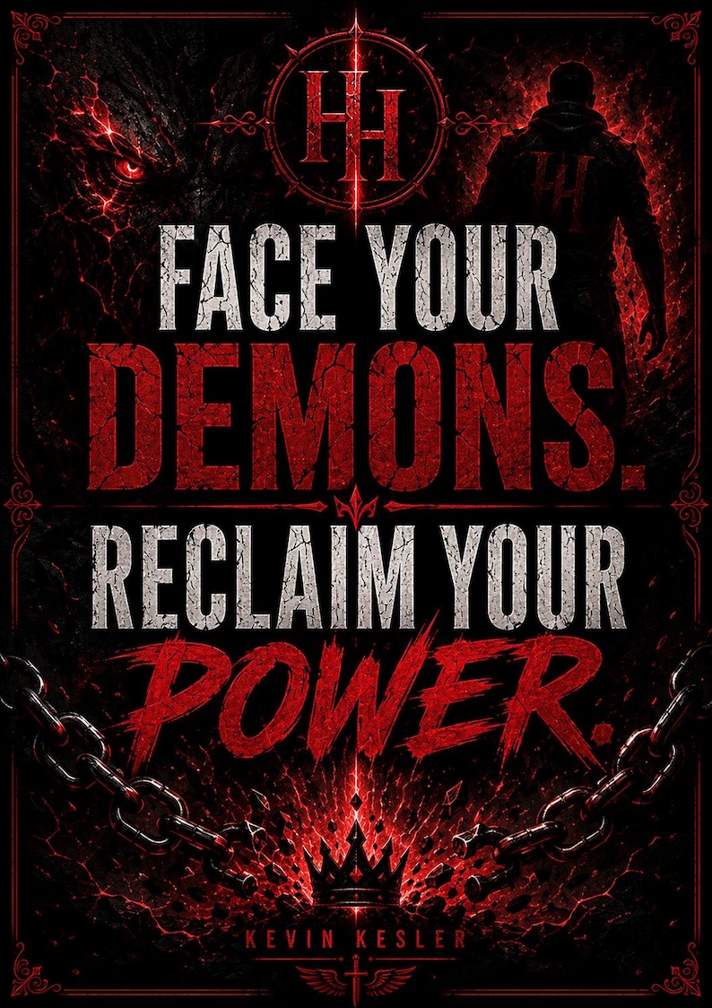 K&ouml;nnte beinhalten: Ein dunkles Poster mit dem Text FACE YOUR DEMONS. RECLAIM YOUR POWER. in wei&szlig;er und roter, abgenutzter Schrift. Das Design zeigt die Silhouette einer Person, eine Krone und schwere Metallketten vor einem texturierten schwarz-roten Hintergrund.