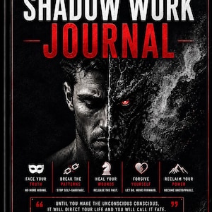 K&ouml;nnte beinhalten: Ein schwarzes Buch mit dem Titel Shadow Work Journal und einem geteilten Portr&auml;t eines Mannes, eine Seite menschlich und die andere d&auml;monisch mit einem leuchtend roten Auge. Das Cover enth&auml;lt Text wie Face Your Demons, Reclaim Your Power und ein Zitat von Carl Jung.