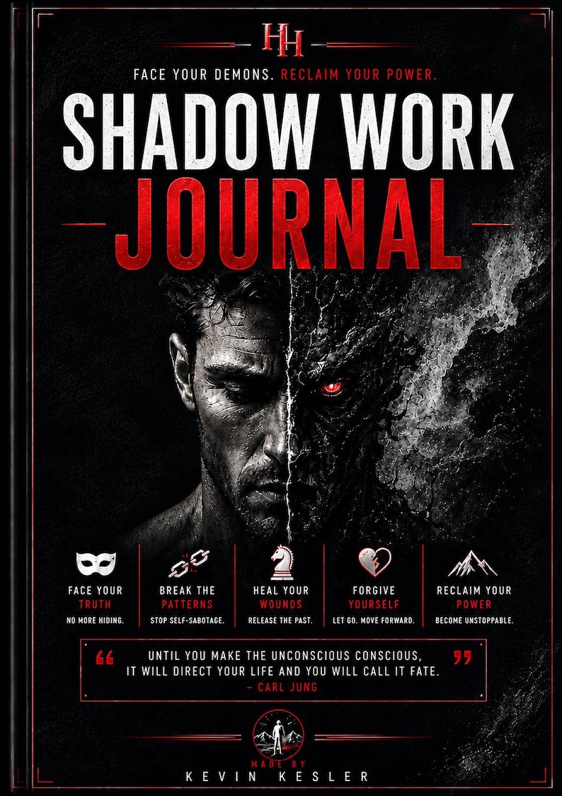 K&ouml;nnte beinhalten: Ein schwarzes Buch mit dem Titel Shadow Work Journal und einem geteilten Portr&auml;t eines Mannes, eine Seite menschlich und die andere d&auml;monisch mit einem leuchtend roten Auge. Das Cover enth&auml;lt Text wie Face Your Demons, Reclaim Your Power und ein Zitat von Carl Jung.