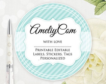 editable printable labels stickers tags teal stripes gift