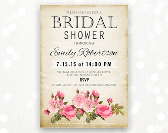 printable bridal shower invitation retro rose invite shower etsy