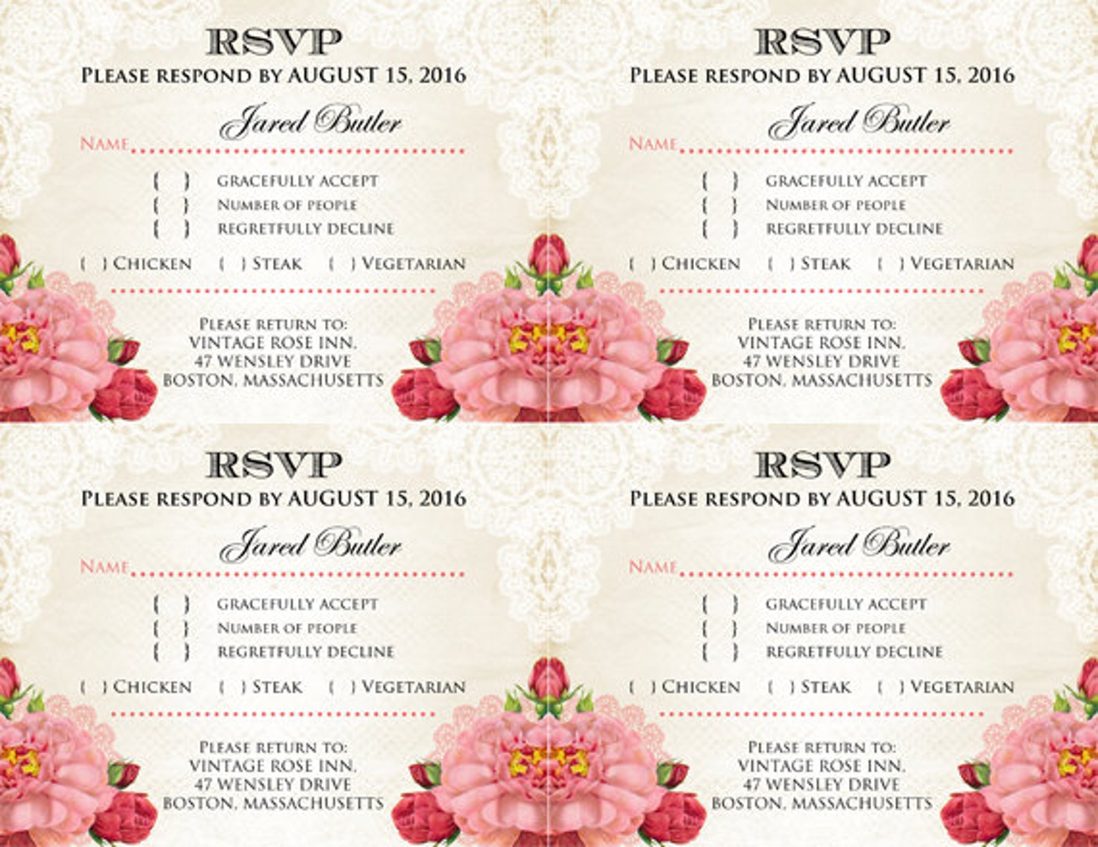 Printable RSVP Card Rustic &amp; Pink roses Shabby Chic Vintge | Etsy