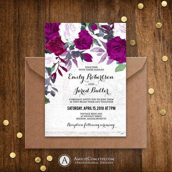 purple wedding invitations printable floral wedding invitation rustic wedding invites template editable vintage watercolor rose download wedding invitations downloads