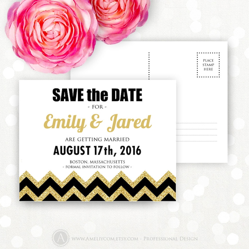 Printable Save the Date Gold /& Black Chevron Girly Glam Weddings Save the Date Postcard Template INSTANT DOWNLOAD Editable for print at home