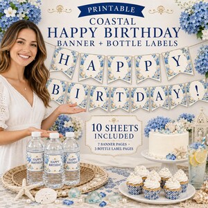 Könnte beinhalten: Ein druckbares, küstennahes Happy Birthday-Banner und Flaschenetiketten-Set mit blauen Blumen- und Muschelmustern. Der Text lautet Happy Birthday, 10 Sheets Included, 7 Banner Pages und 3 Bottle Label Pages. Enthält Wasserflaschen.