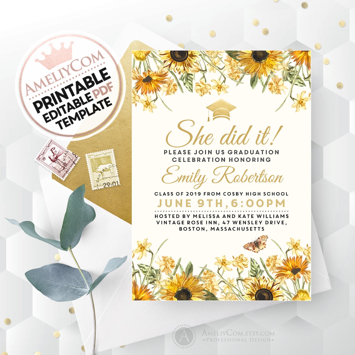 Printable Sunflower Graduation Invitation Gold & Sunflowers Etsy