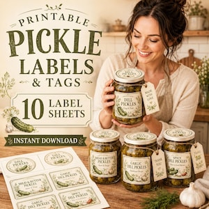 May include: Printable pickle labels and tags featuring 10 label sheets for instant download. The set includes various designs for dill, bread and butter, garlic dill, and spicy dill pickles, with decorative botanical illustrations and text.
