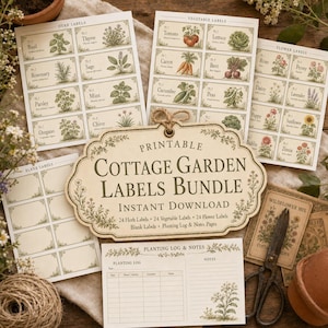 May include: A selection of printable cottage garden labels, featuring herbs, vegetables, and flowers with botanical illustrations. The bundle includes blank labels, a planting log, and notes pages. The text reads 'Cottage Garden Labels Bundle'.