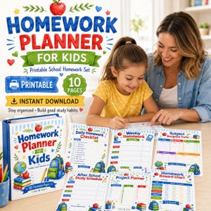 May include: A printable homework planner for kids set featuring 10 pages including a daily checklist, weekly homework planner, subject assignment tracker, after school study schedule, project planner, and homework reward chart with colorful graphics.