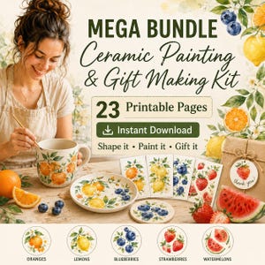 Op de afbeelding: Een digitale keramiek schilder- en cadeaukit met 23 printbare pagina's. De set bevat illustraties van sinaasappels, citroenen, bosbessen, aardbeien en watermeloenen, inclusief een mok, bord en cadeaulabel met fruitmotieven.
