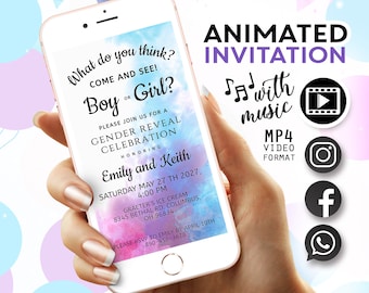 Gender reveal party invitation Video, Pink or Blue Watercolor Gender Reveal Invite, Gender Reveal Invitation Boy or Girl Animated Invitation
