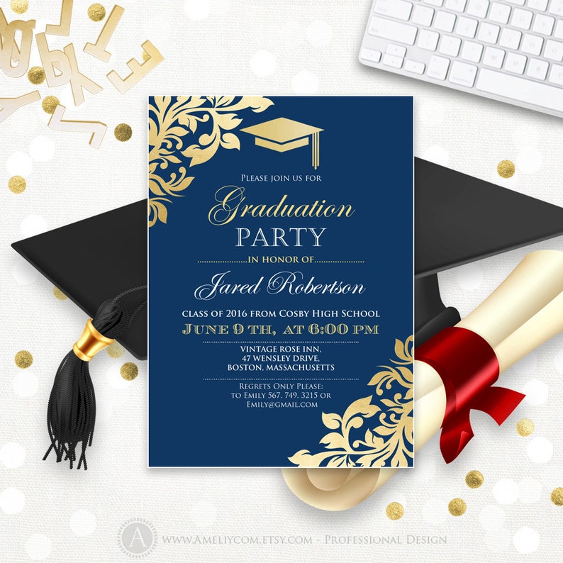 Graduation Announcement Printable Navy Gold College Graduation Etsy