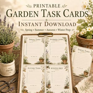 Garden Task Cards Printable, Seasonal Garden Planner Cards, Spring Summer Autumn Winter Tasks, Cottage Garden Checklist
