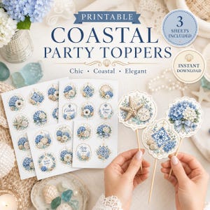 May include: A set of printable coastal party toppers featuring blue and white floral arrangements, seashells, starfish, and geometric tile patterns. The sheets include various circular and scalloped designs with text like Celebrate, Sweet Day, and Party Time.