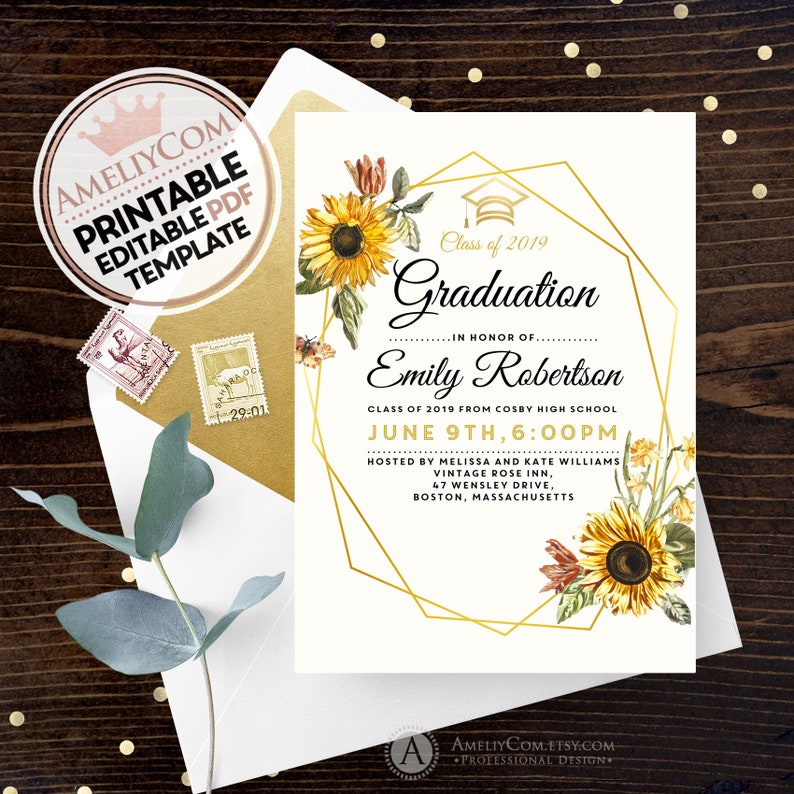 Sunflowers Graduation Announcement Template Printable Gold - Etsy