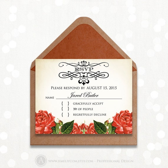 Items similar to Printable RSVP Card Red Roses Vintage EDITABLE Instant ...