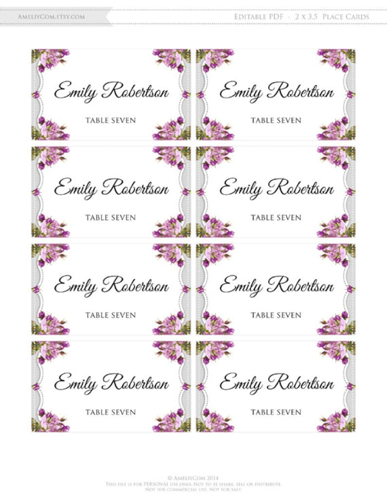 Printable Place Card Rustic White &amp; Gray with Purple Rose | Etsy