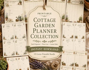 Coleção de Planejador de Jardim Campestre para Imprimir, Organizador de Sementes, Cartões de Cuidados com Plantas, Páginas de Tarefas de Jardinagem, Tamanho Carta (EUA) - Download Imediato