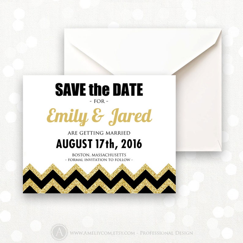 Printable Save the Date Gold /& Black Chevron Girly Glam Weddings Save the Date Postcard Template INSTANT DOWNLOAD Editable for print at home