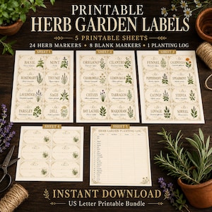 May include: Printable herb garden labels with 5 sheets, 24 herb markers, 8 blank markers, and a planting log. The labels feature names and illustrations of various herbs like basil, mint, rosemary, thyme, and more. The design is vintage-inspired with a cream background and brown text.