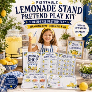 May include: A printable lemonade stand pretend play kit featuring 10 pages of illustrated materials including order tickets, play money, flavor cards, and a shop sign. The kit displays blue and yellow lemon graphics and text throughout.