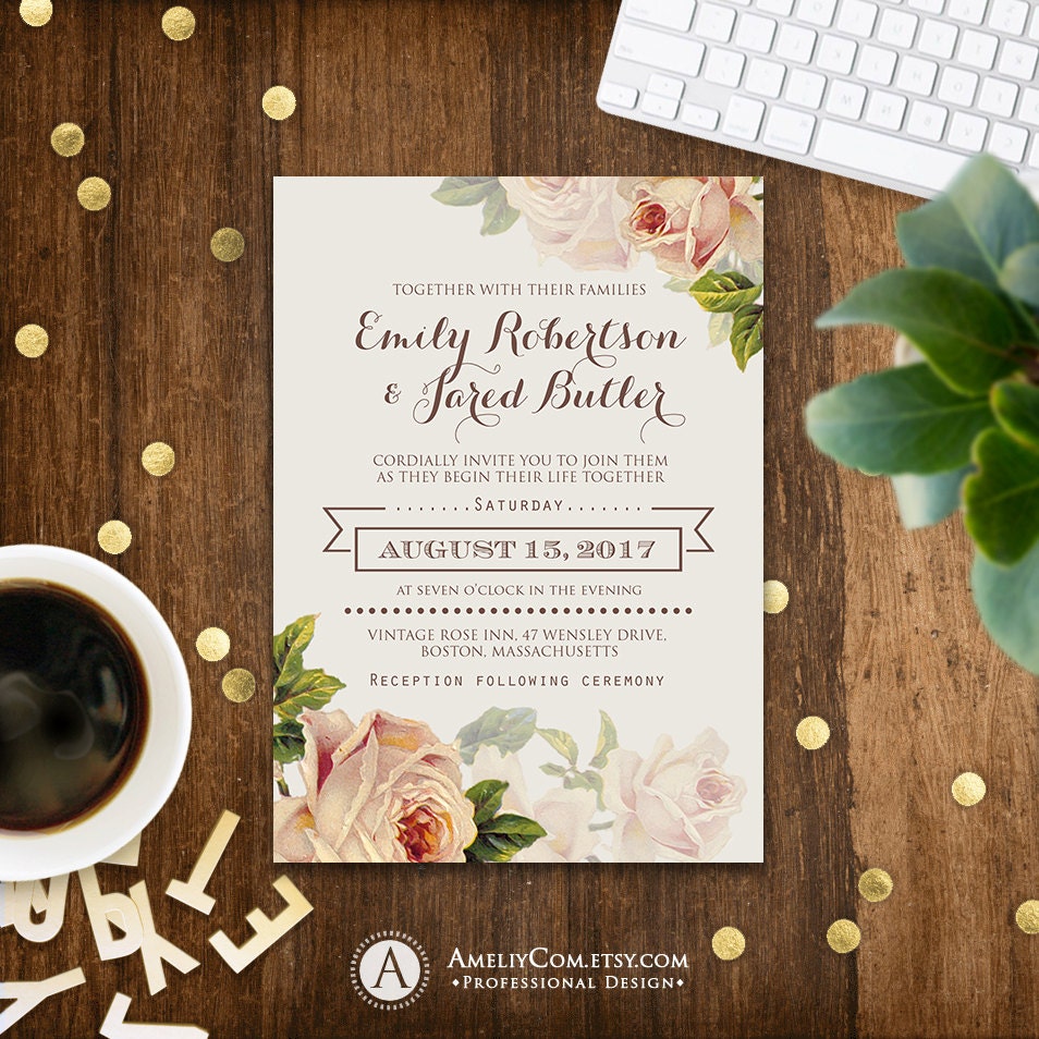 Floral Wedding Invitation Printable Gentle Cream Roses Rustic Etsy