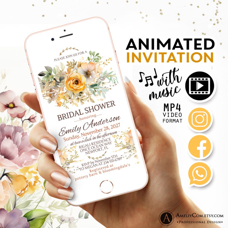 Bridal Shower Animated Video Invitation for Summer Wedding Bliss Wildflower Bridal Brunch Invitations. Bridal Shower Invite Digital zdjęcie 7