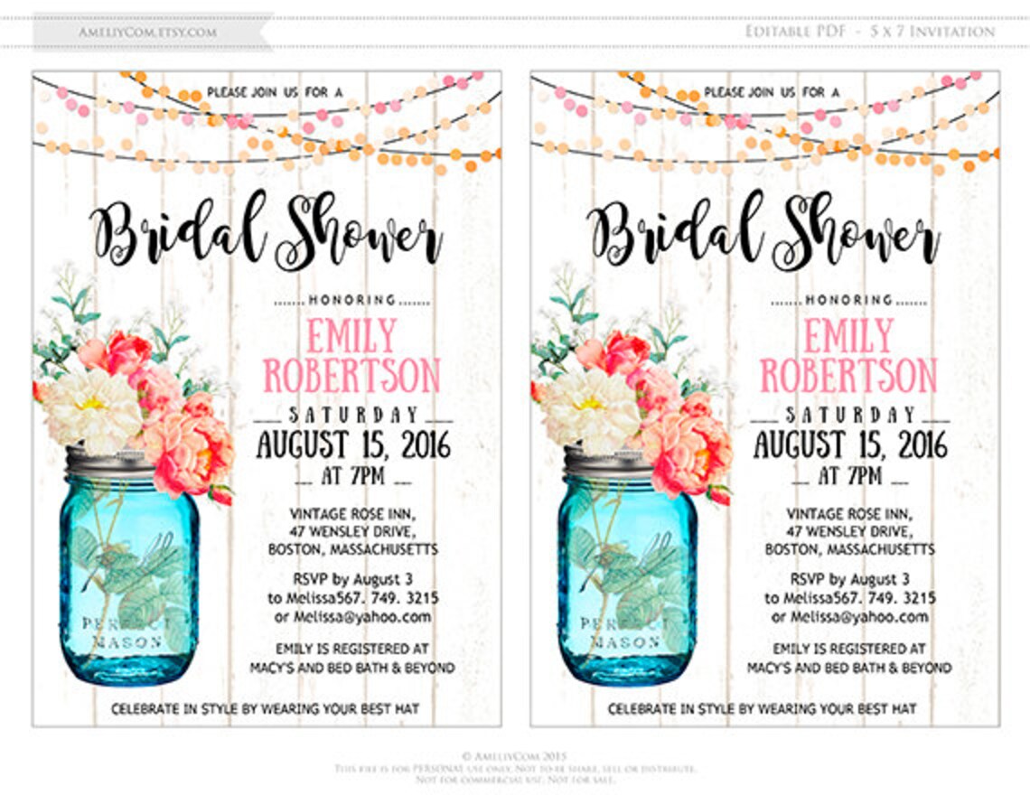 Mason Jar Bridal Shower Invitation Printable Watercolor | Etsy