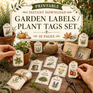 May include: A set of printable garden labels and plant tags featuring botanical illustrations and text labels like Basil, Rosemary, Lavender, Thyme, Daffodil, Hyacinth, Compost, and Tomato Seeds, displayed with seed packets and twine.