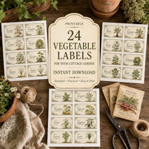 Pode incluir: Etiquetas de vegetais imprimíveis para um jardim. As etiquetas apresentam ilustrações de vários vegetais, incluindo tomates, cenouras e abobrinhas. O texto nas etiquetas diz "24 Etiquetas de vegetais para o seu jardim. Download instantâneo."