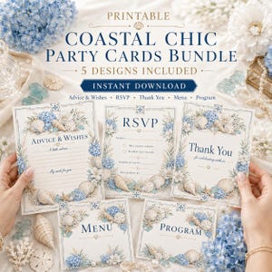 May include: A printable coastal party cards bundle featuring five designs including Advice & Wishes, RSVP, Thank You, Menu, and Program. Each card displays blue hydrangea flowers, seashells, and starfish illustrations with dark blue text.