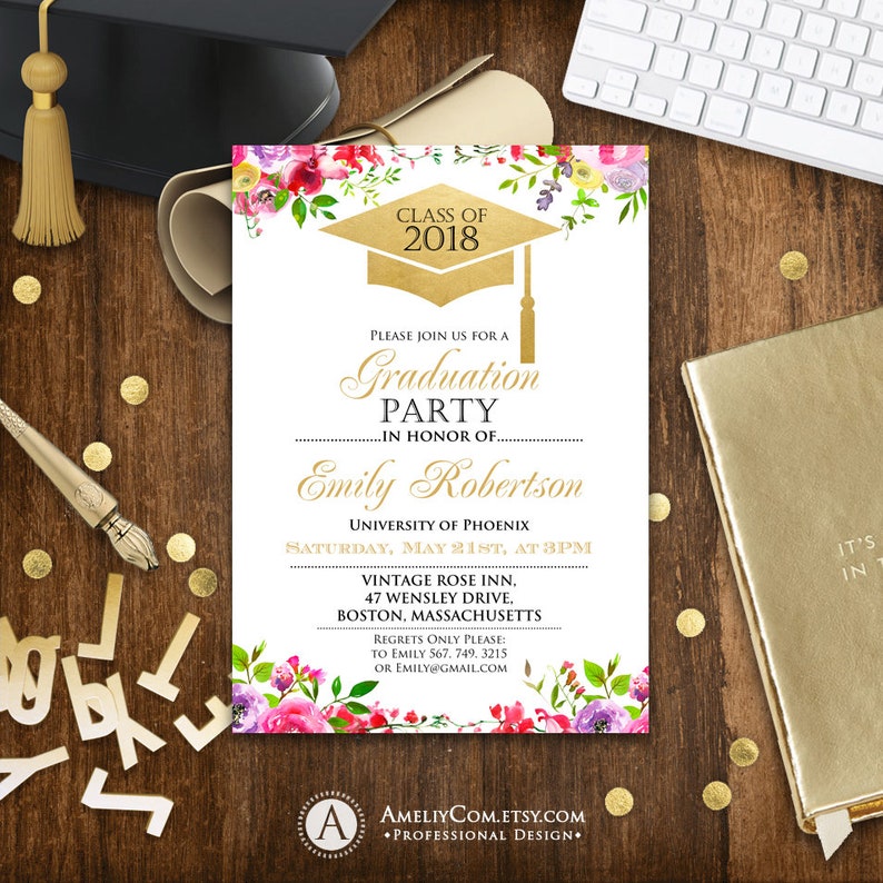 Floral Graduation Party Invitations Template College Etsy