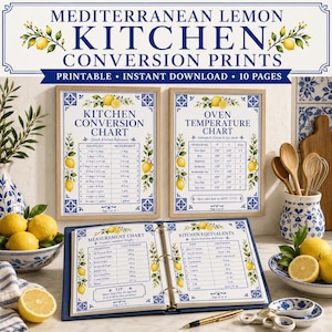 May include: A set of Mediterranean lemon kitchen conversion prints featuring two framed charts and an open binder with measurement tables. The white pages display blue text, lemon illustrations, and tile patterns. Includes 10 pages total.